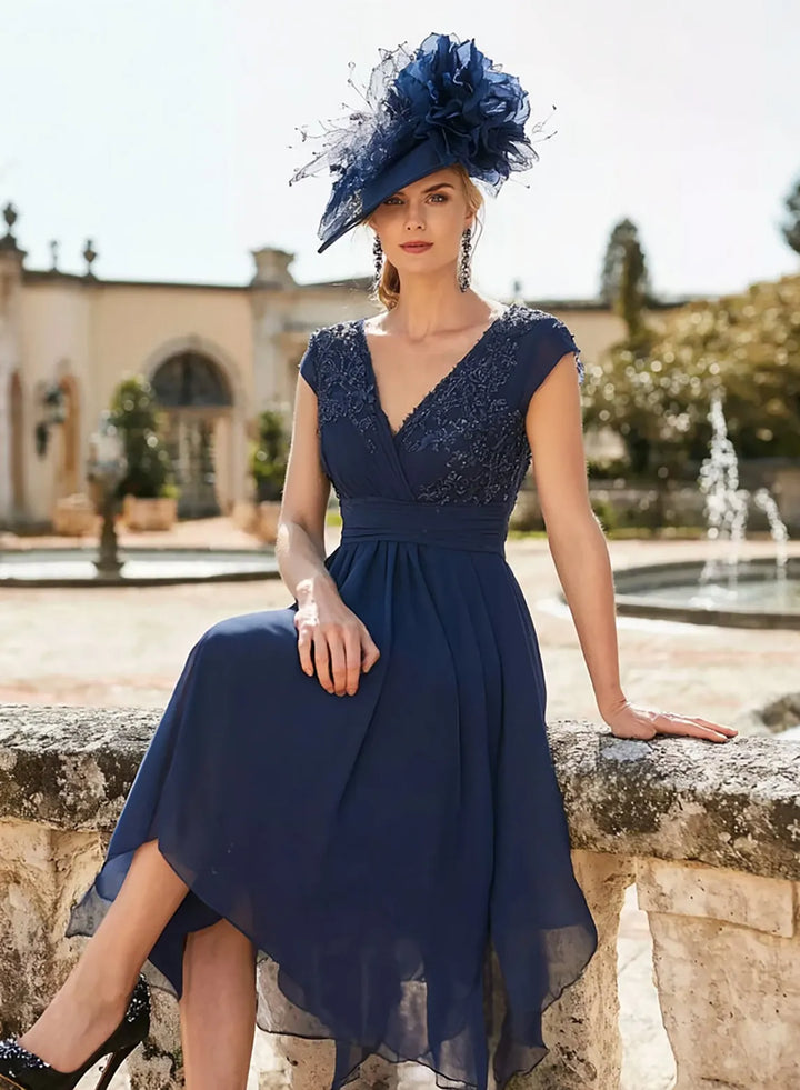 Veloria Navy Chiffon Midi Dress with Beaded V-Neck and Handkerchief Hem