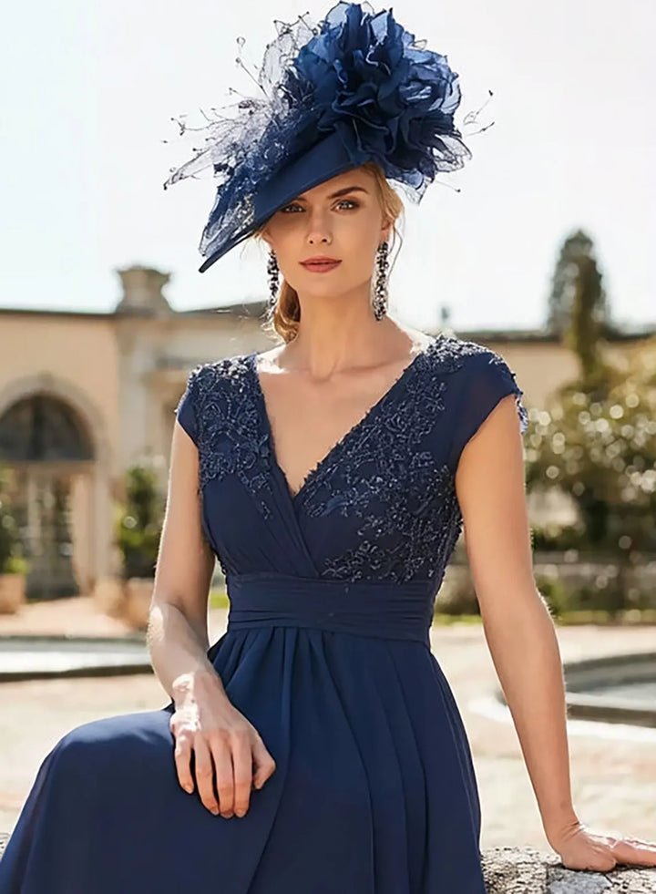 Veloria Navy Chiffon Midi Dress with Beaded V-Neck and Handkerchief Hem