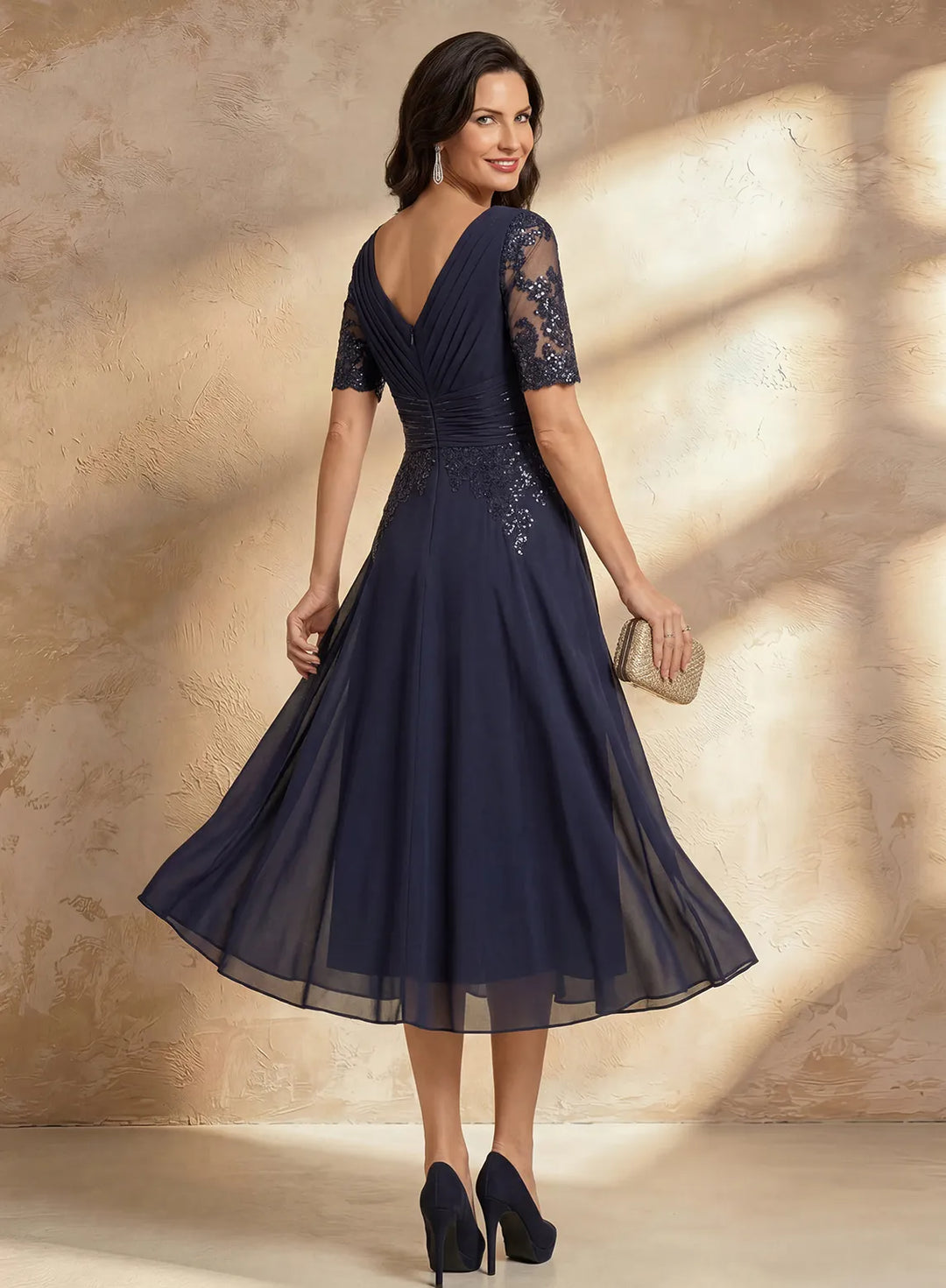 Veloria Elegant Navy Chiffon Midi Dress with Lace Sleeves &amp; Sequin Detail