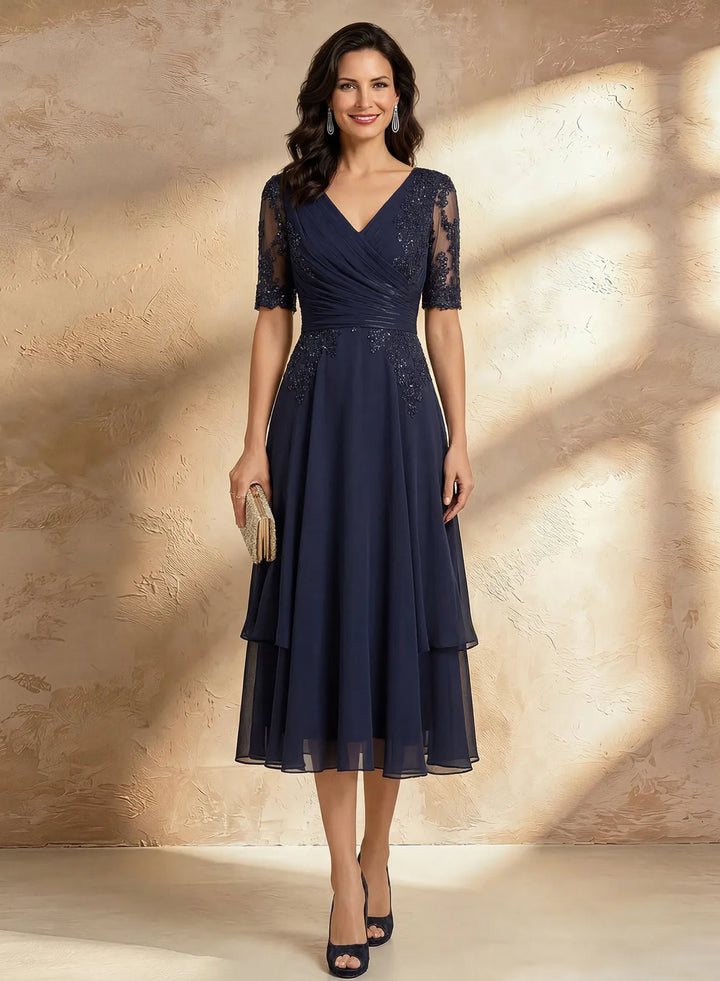 Veloria Elegant Navy Chiffon Midi Dress with Lace Sleeves &amp; Sequin Detail