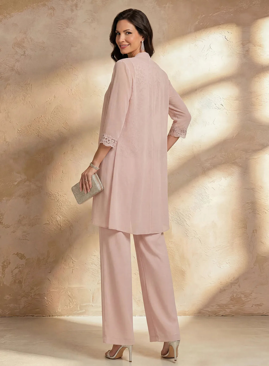 Veloria Elegant Blush Pink Chiffon 3-Piece Pantsuit Set