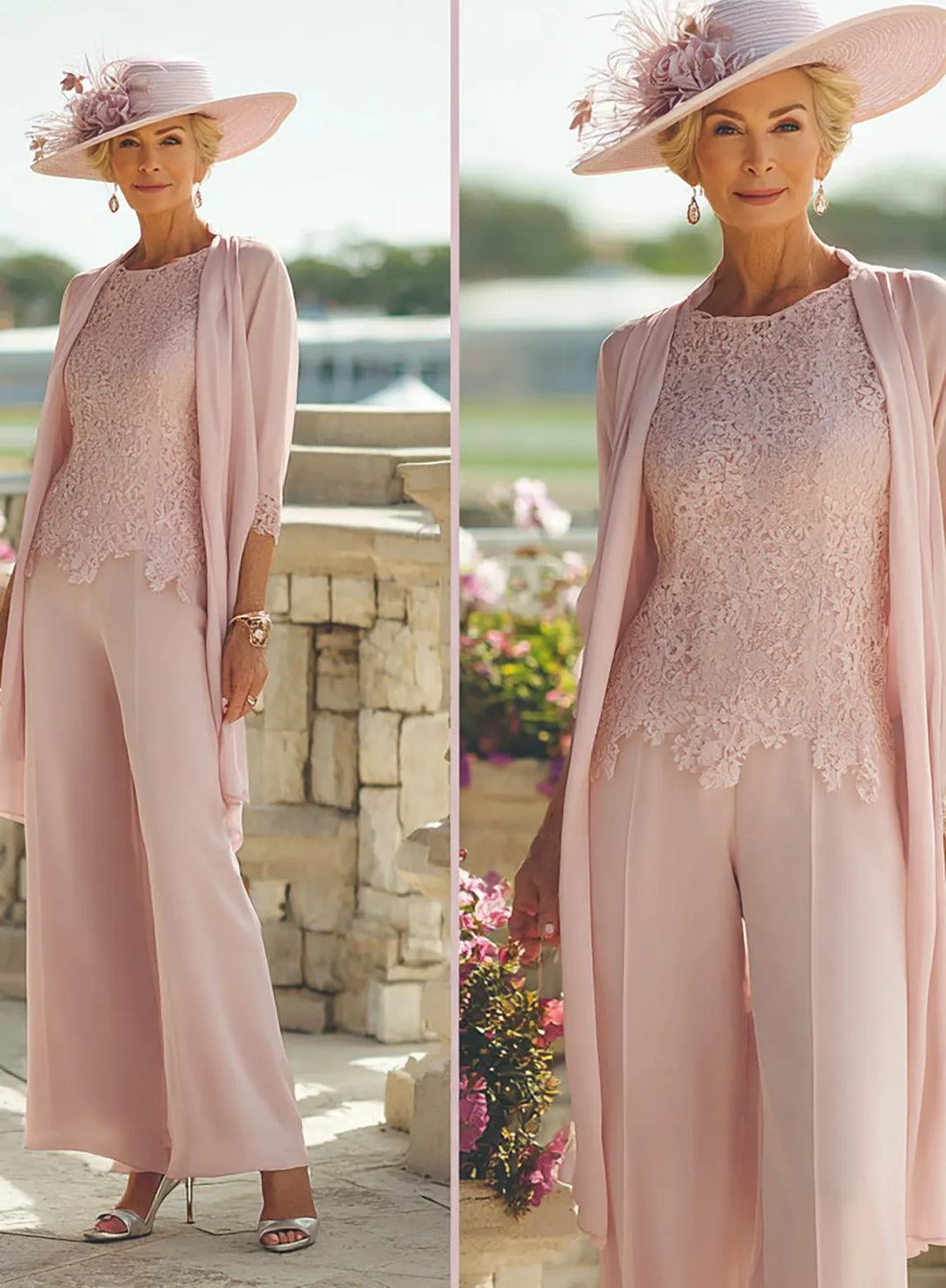 Veloria Elegant Blush Pink Chiffon 3-Piece Pantsuit Set