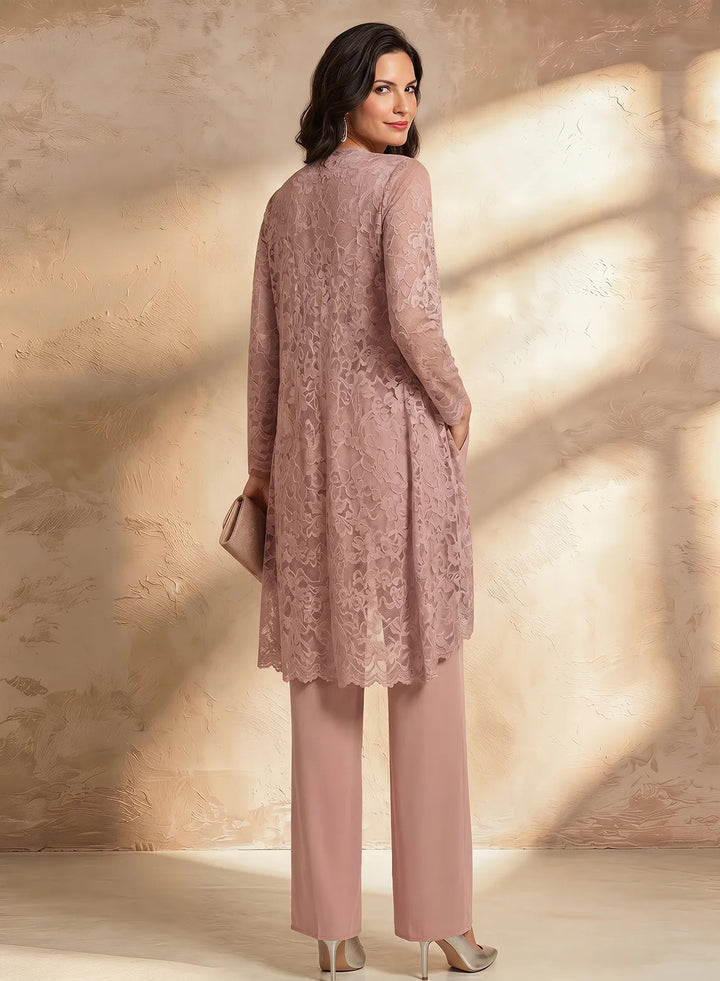 Veloria Dusty Rose Lace Chiffon 3-Piece Pant Suit
