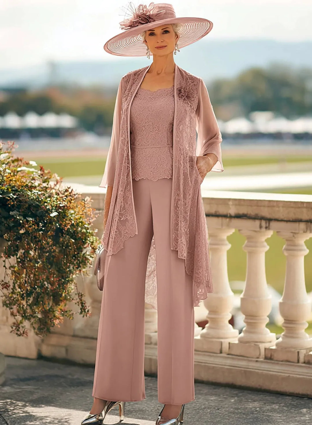 Veloria Dusty Rose Lace Chiffon 3-Piece Pant Suit