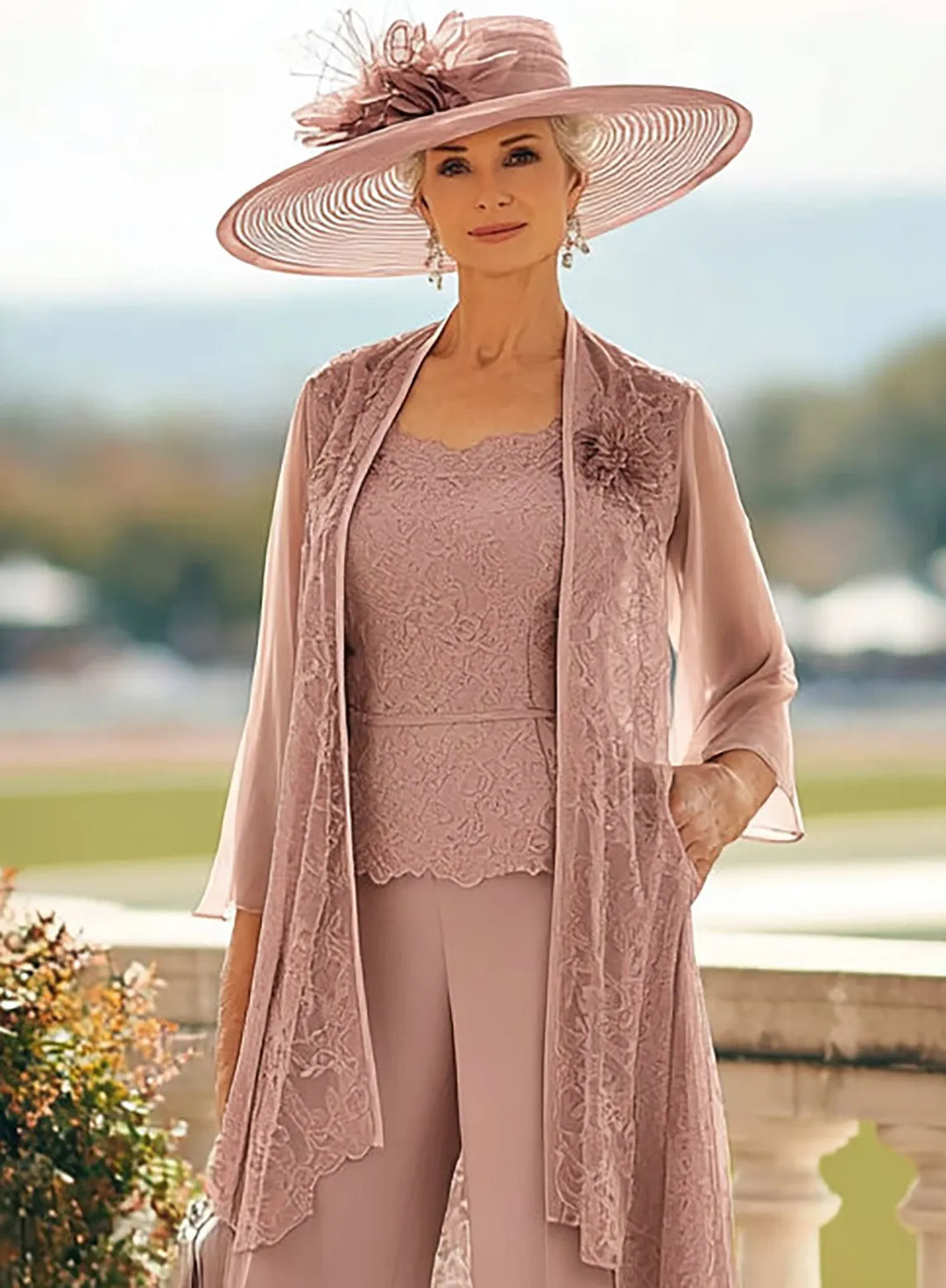 Veloria Dusty Rose Lace Chiffon 3-Piece Pant Suit
