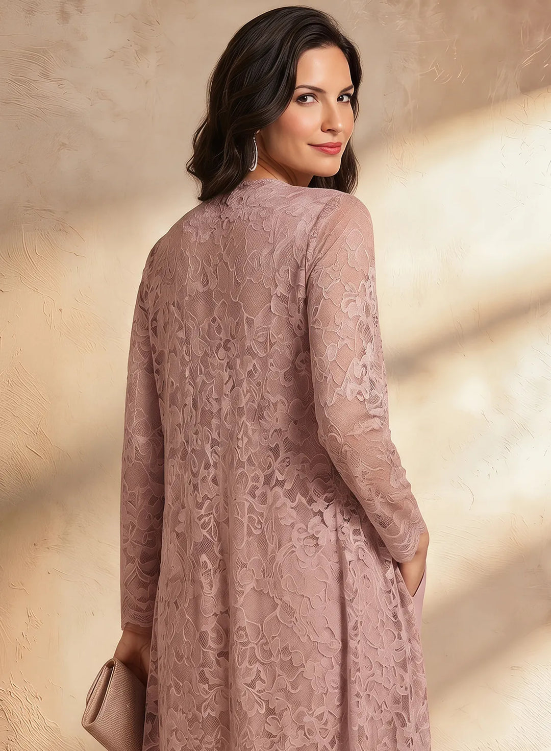 Veloria Dusty Rose Lace Chiffon 3-Piece Pant Suit