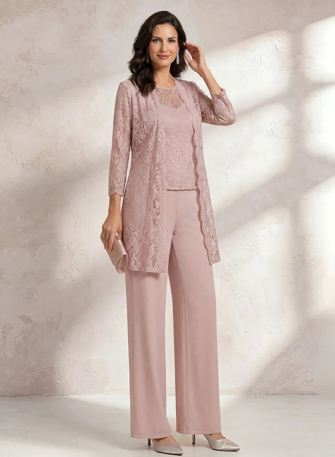 Veloria Blush Pink Chiffon &amp; Lace Pant Set with Longline Jacket
