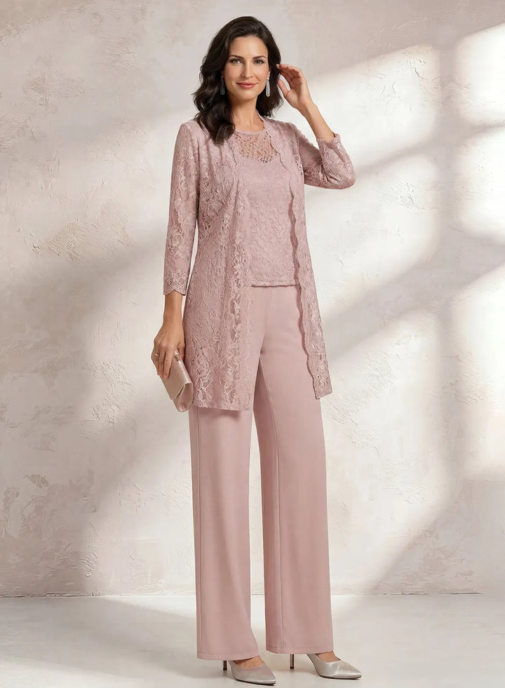 Veloria Blush Pink Chiffon &amp; Lace Pant Set with Longline Jacket