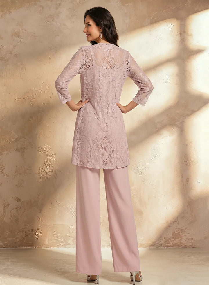 Veloria Blush Pink Chiffon &amp; Lace Pant Set with Longline Jacket