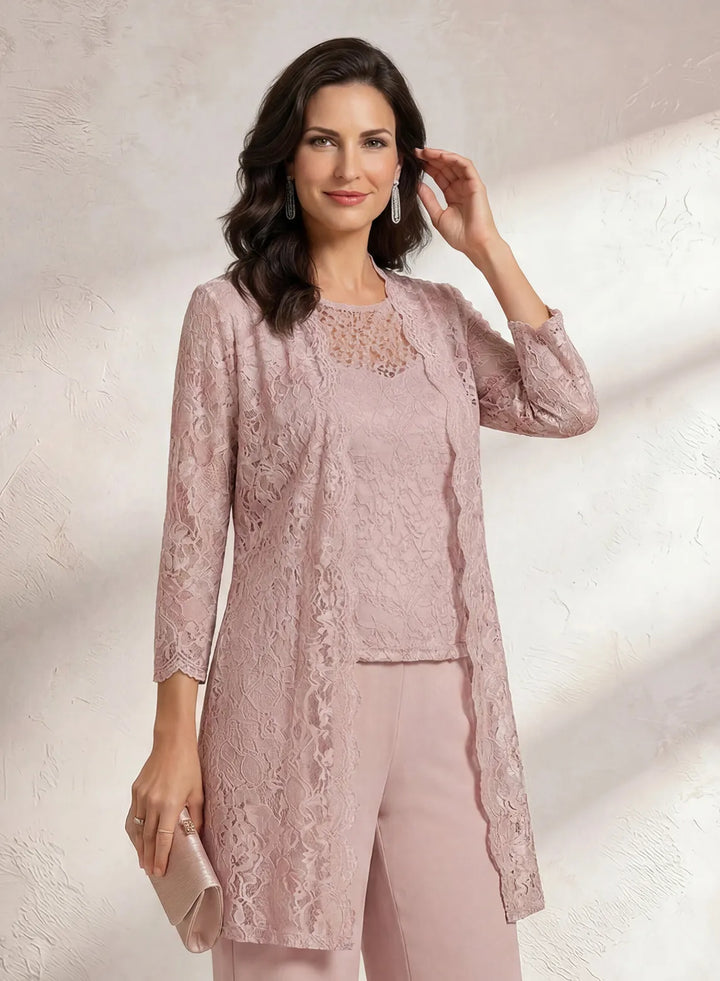 Veloria Blush Pink Chiffon &amp; Lace Pant Set with Longline Jacket