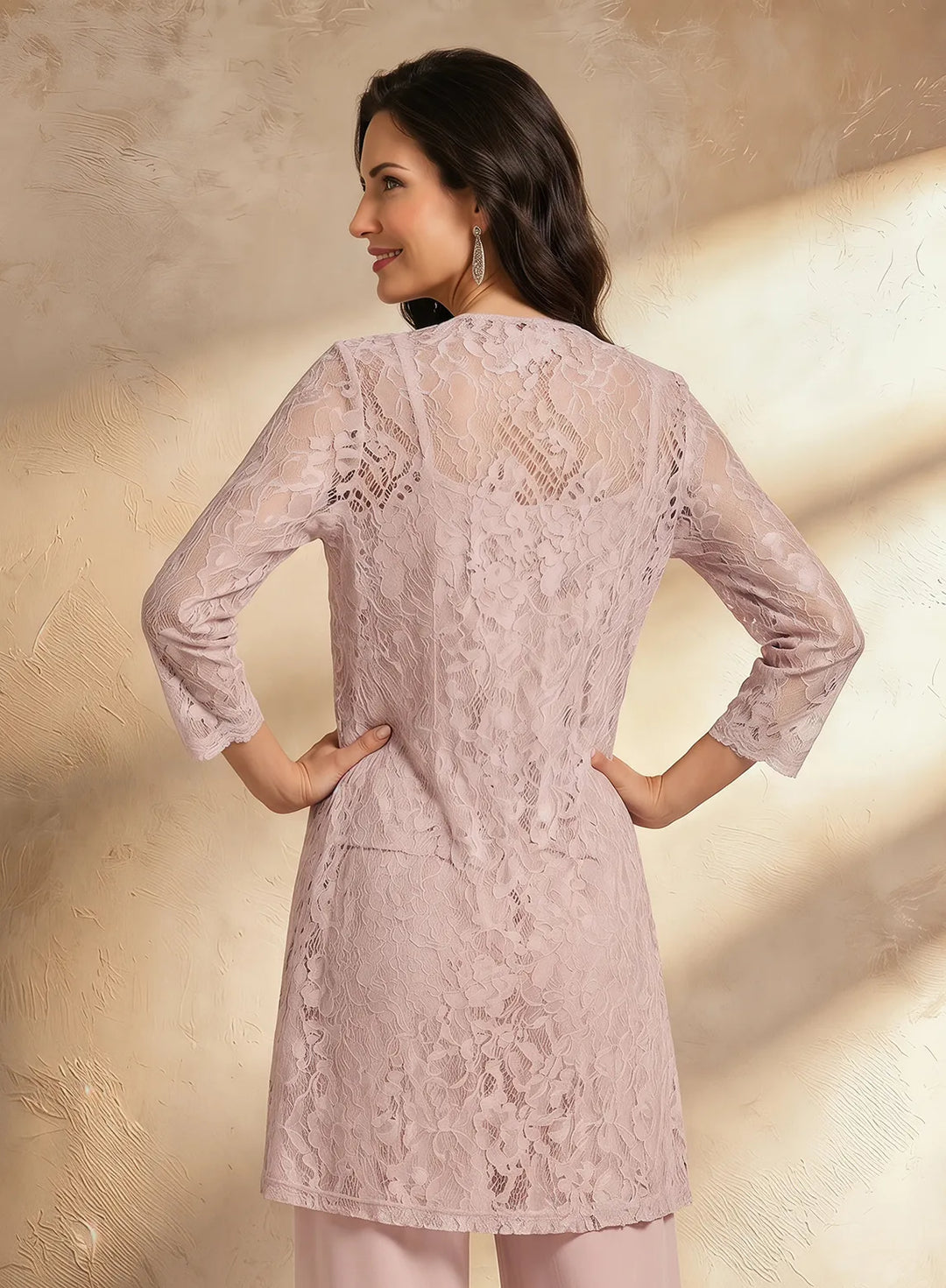 Veloria Blush Pink Chiffon &amp; Lace Pant Set with Longline Jacket