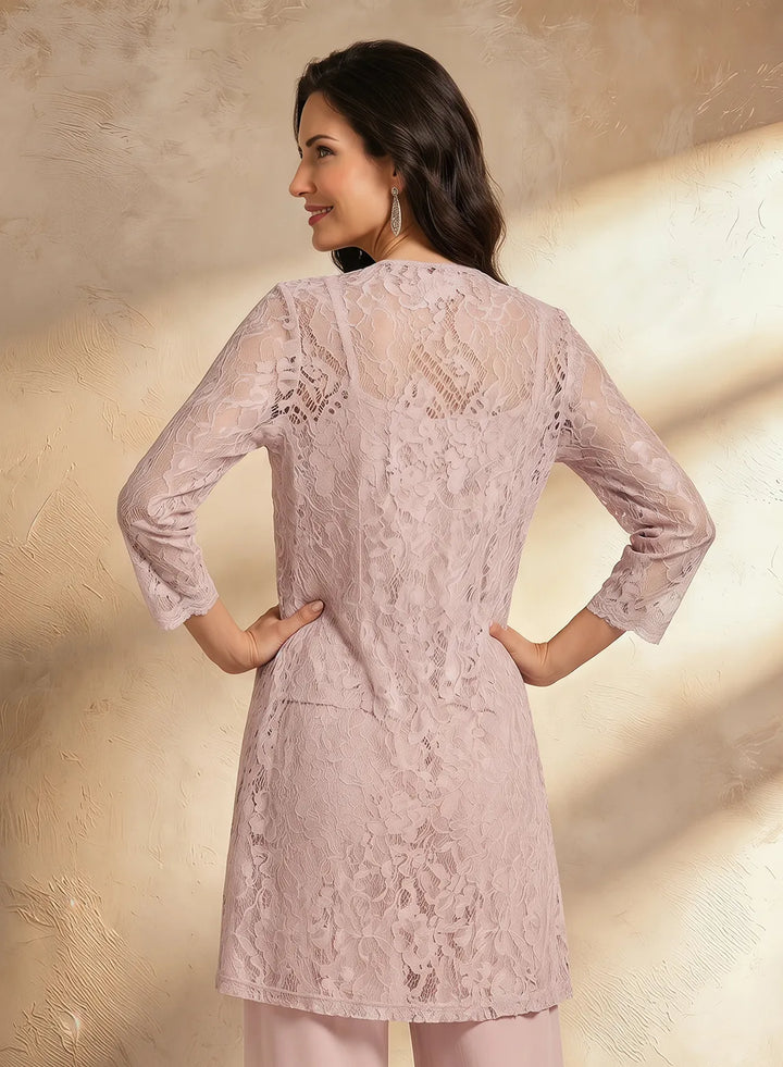Veloria Blush Pink Chiffon &amp; Lace Pant Set with Longline Jacket