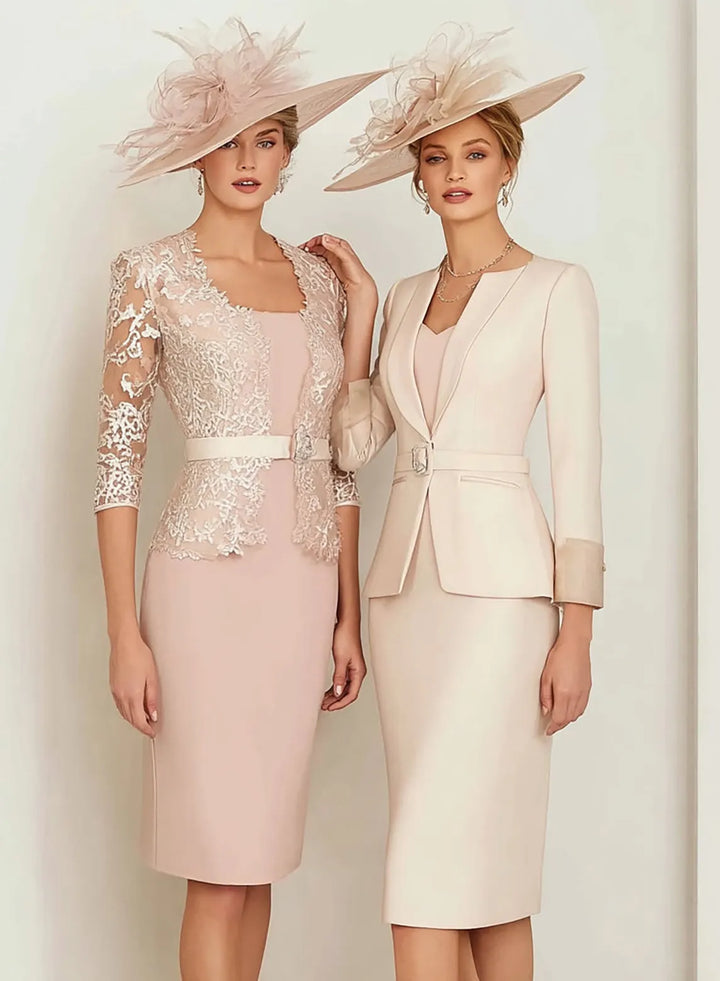 Veloria Blush Pink Stretch Satin Lace Midi Dress