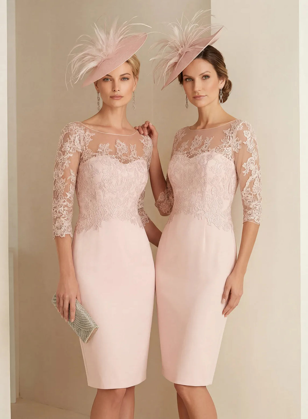 Veloria Blush Pink Lace Illusion Sheath Midi Dress