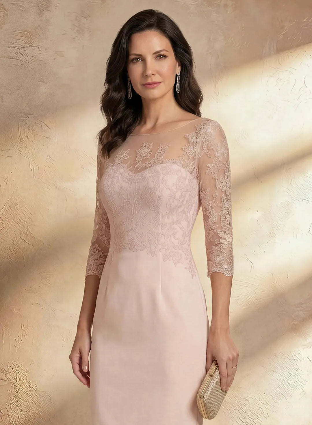 Veloria Blush Pink Lace Illusion Sheath Midi Dress