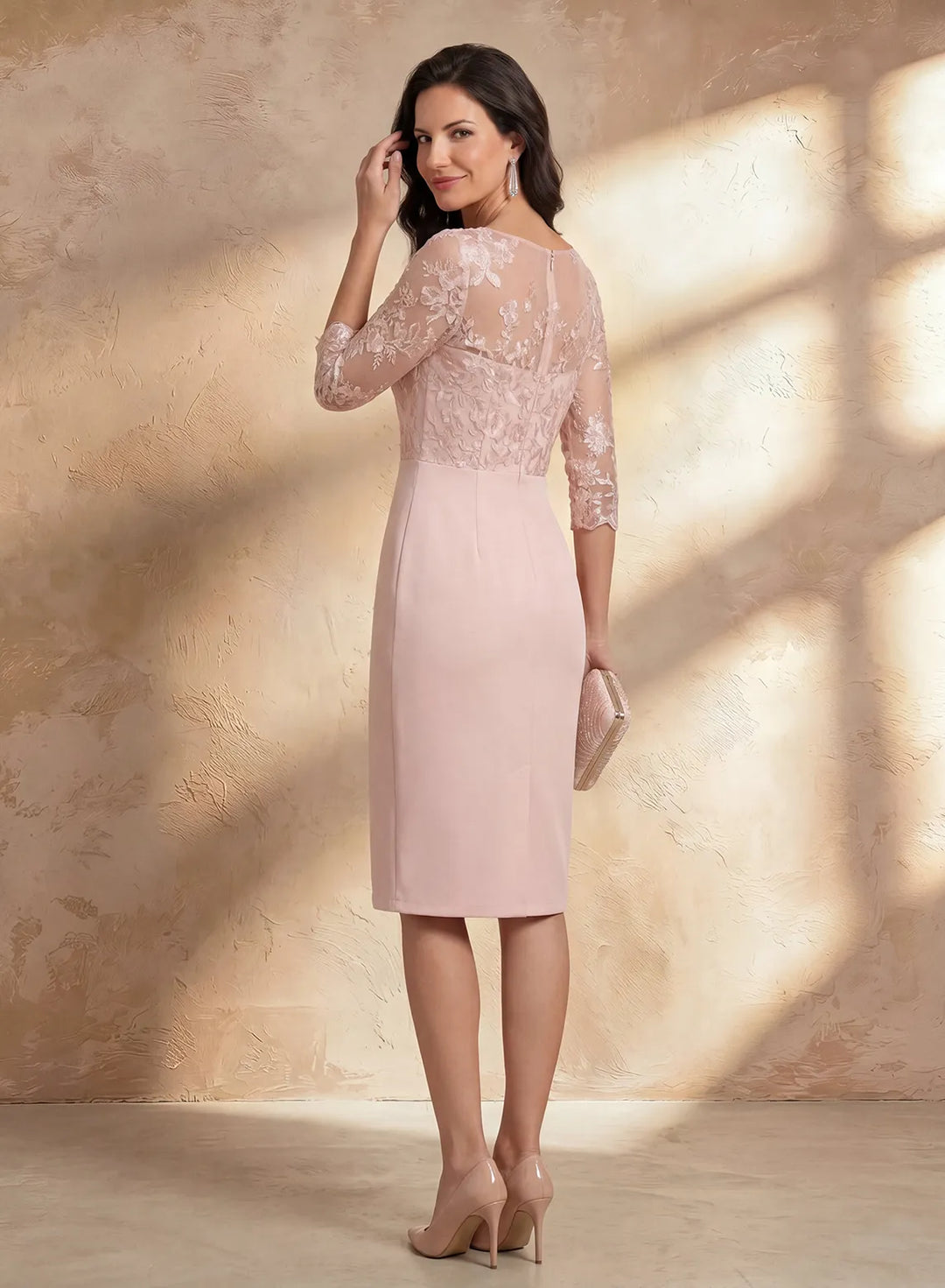 Veloria Blush Pink Lace Illusion Sheath Midi Formal Dress