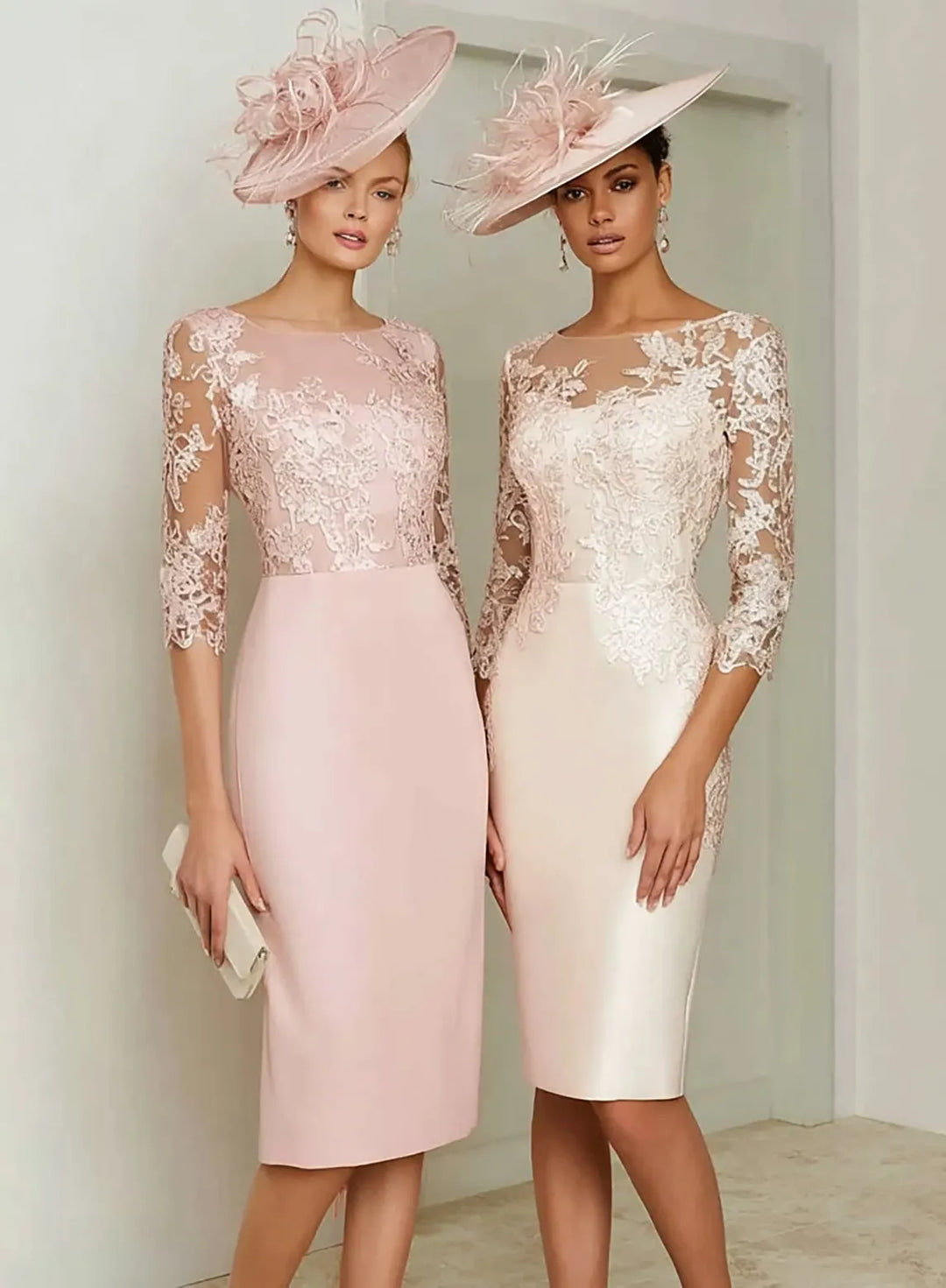Veloria Blush Pink Lace Illusion Sheath Midi Formal Dress