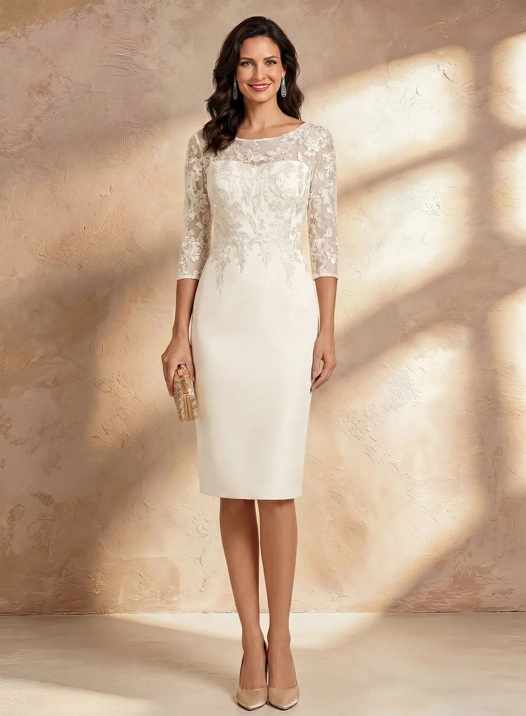 Veloria Elegant Lace Tea-Length Formal Dress with Illusion Neck &amp; 3/4 Sleeves