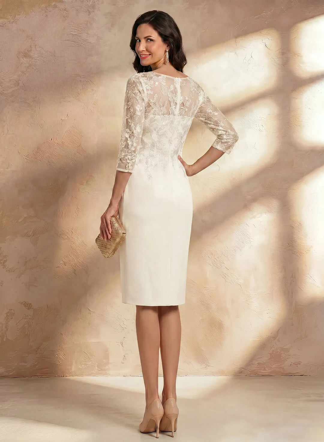 Veloria Elegant Lace Tea-Length Formal Dress with Illusion Neck &amp; 3/4 Sleeves
