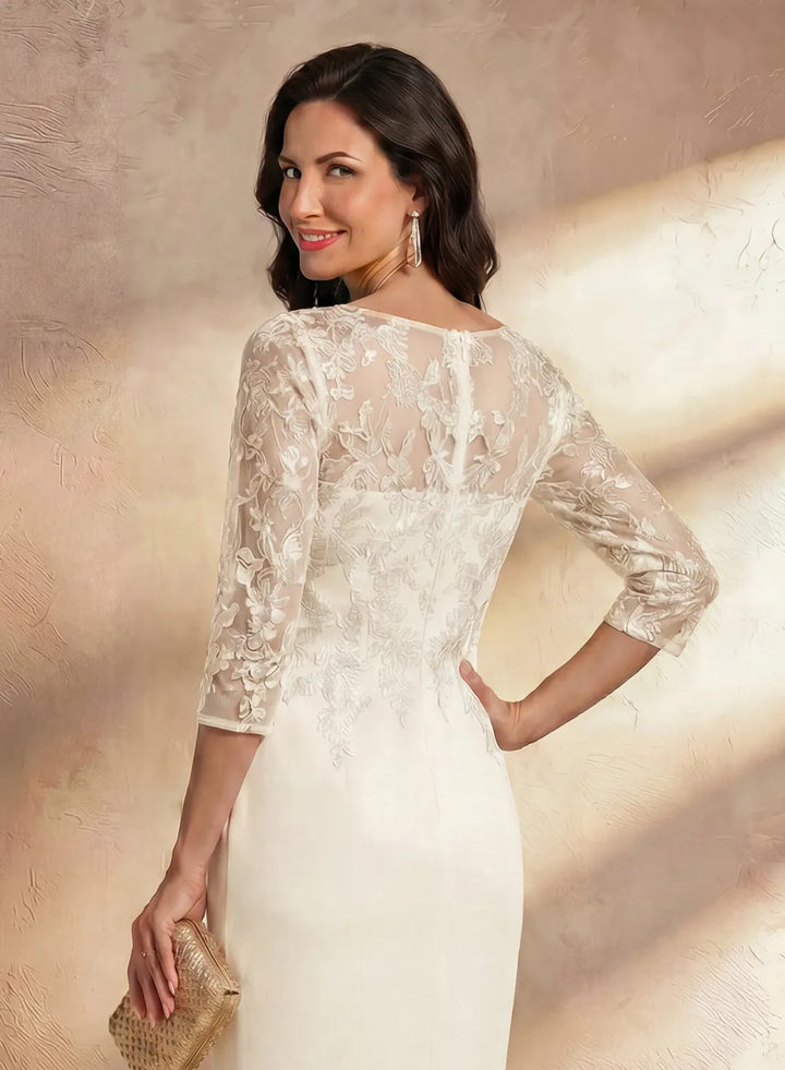 Veloria Elegant Lace Tea-Length Formal Dress with Illusion Neck &amp; 3/4 Sleeves