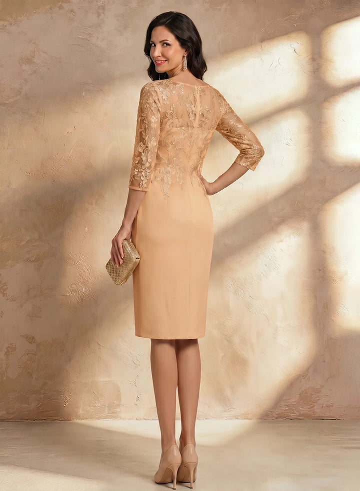 Veloria Elegant Lace Tea-Length Formal Dress with Illusion Neck &amp; 3/4 Sleeves