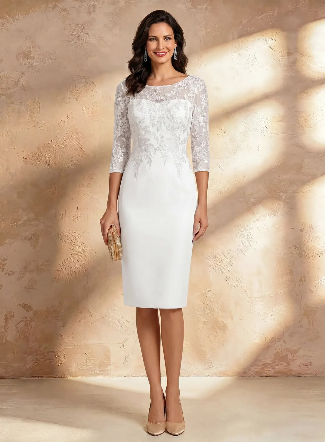 Veloria Elegant Lace Tea-Length Formal Dress with Illusion Neck &amp; 3/4 Sleeves