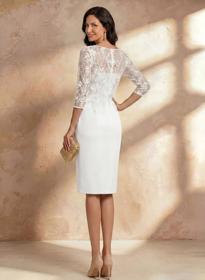 Veloria Elegant Lace Tea-Length Formal Dress with Illusion Neck &amp; 3/4 Sleeves