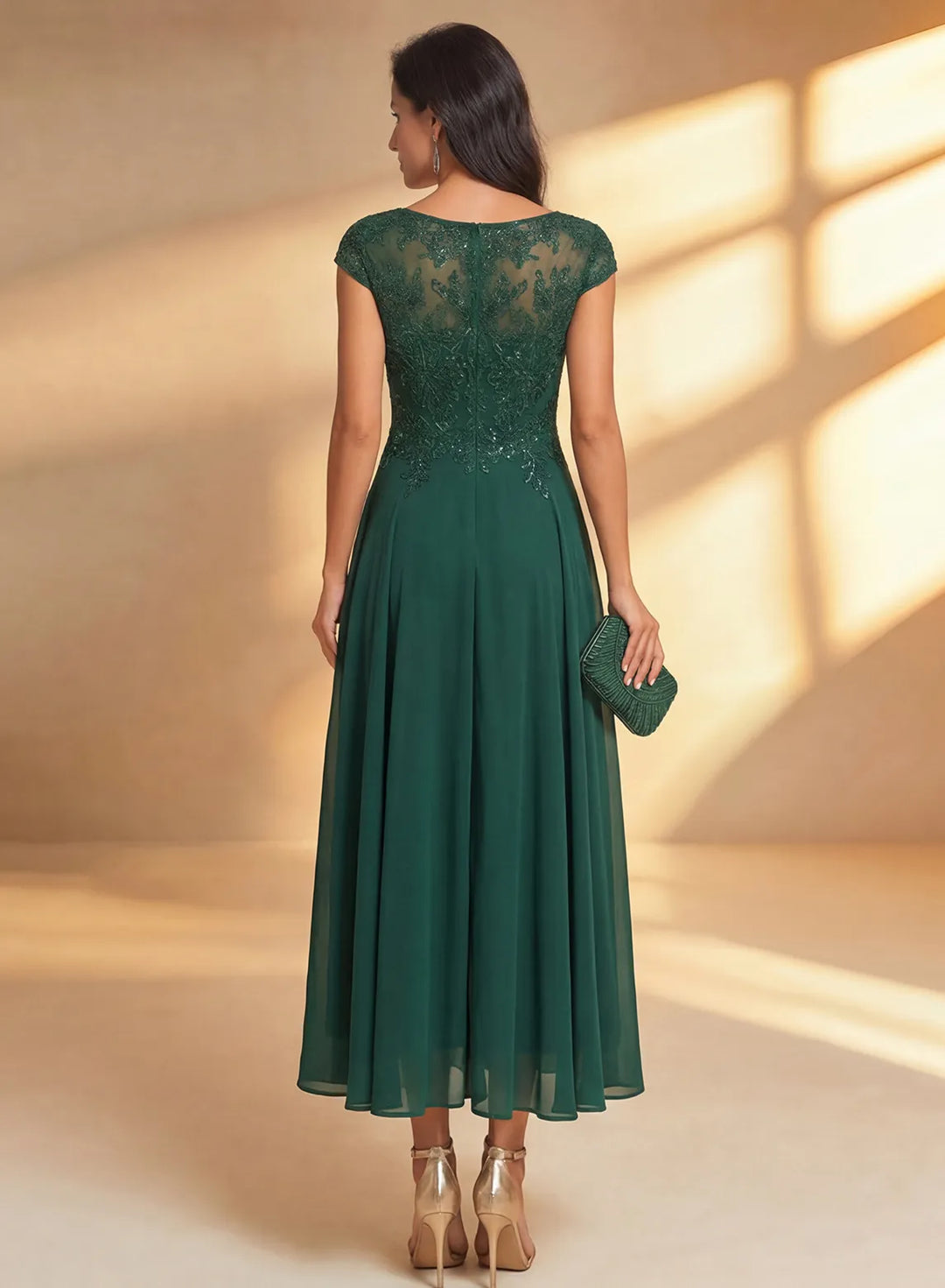 Veloria Dark Green Chiffon A-Line Midi Dress with Lace Bodice &amp; Illusion Back