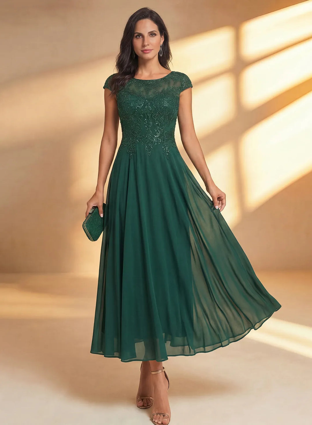 Veloria Dark Green Chiffon A-Line Midi Dress with Lace Bodice &amp; Illusion Back