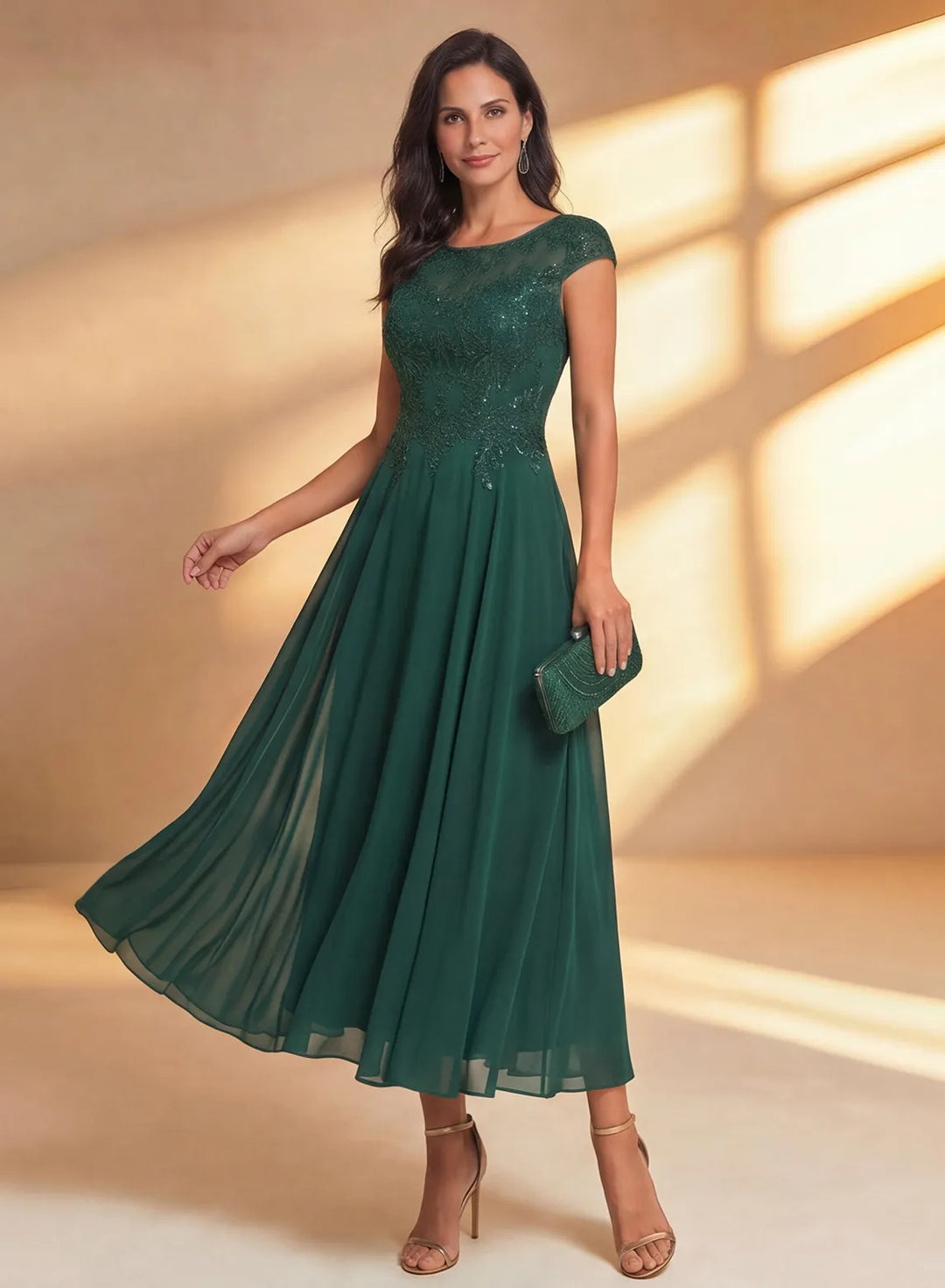 Veloria Dark Green Chiffon A-Line Midi Dress with Lace Bodice &amp; Illusion Back
