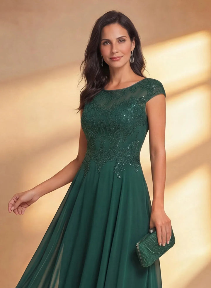 Veloria Dark Green Chiffon A-Line Midi Dress with Lace Bodice &amp; Illusion Back
