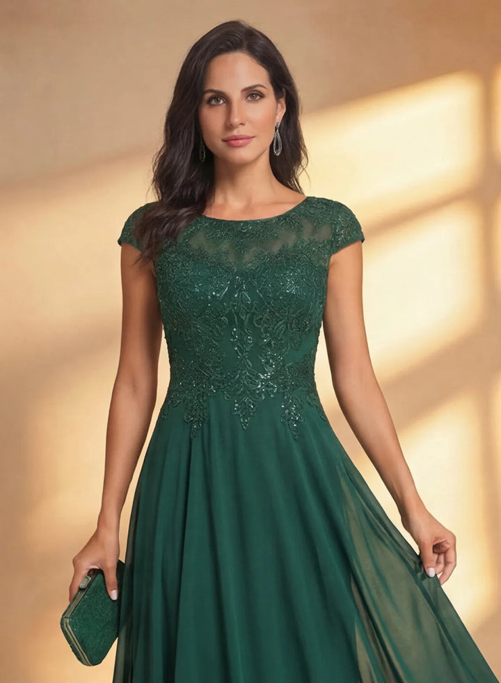 Veloria Dark Green Chiffon A-Line Midi Dress with Lace Bodice &amp; Illusion Back
