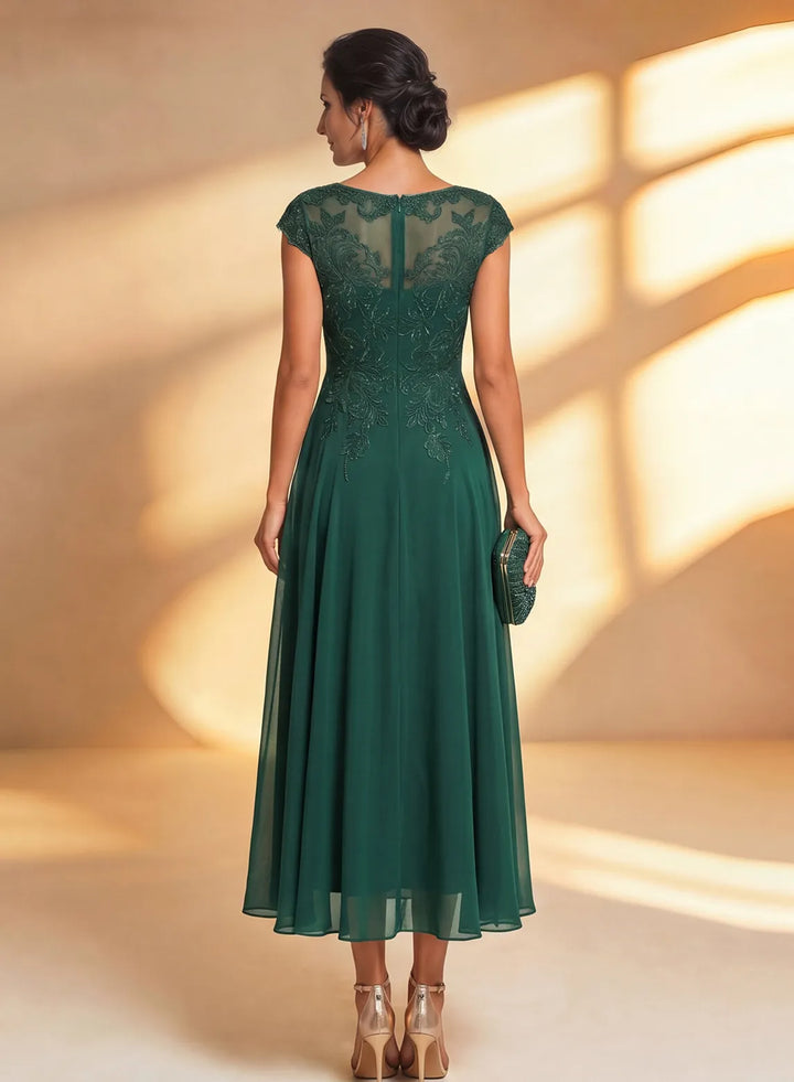 Veloria Elegant Dark Green Lace Chiffon Midi Formal Dress with Illusion Neckline