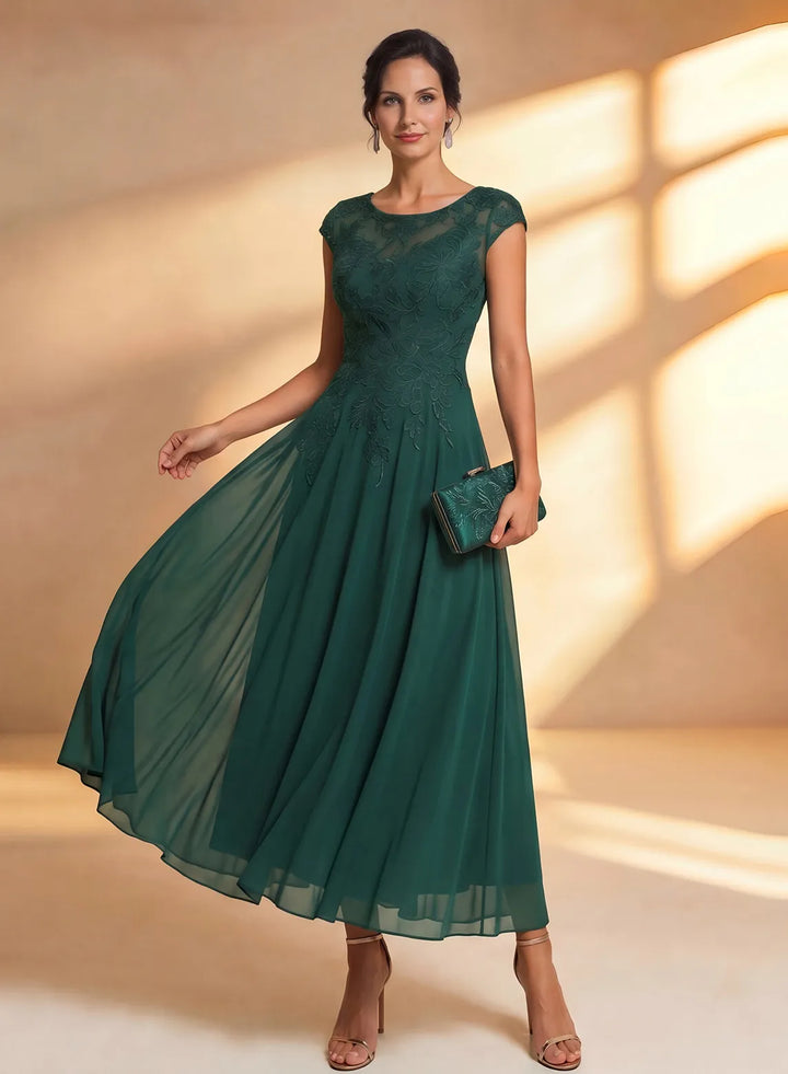 Veloria Elegant Dark Green Lace Chiffon Midi Formal Dress with Illusion Neckline