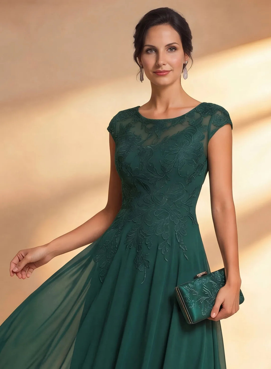 Veloria Elegant Dark Green Lace Chiffon Midi Formal Dress with Illusion Neckline