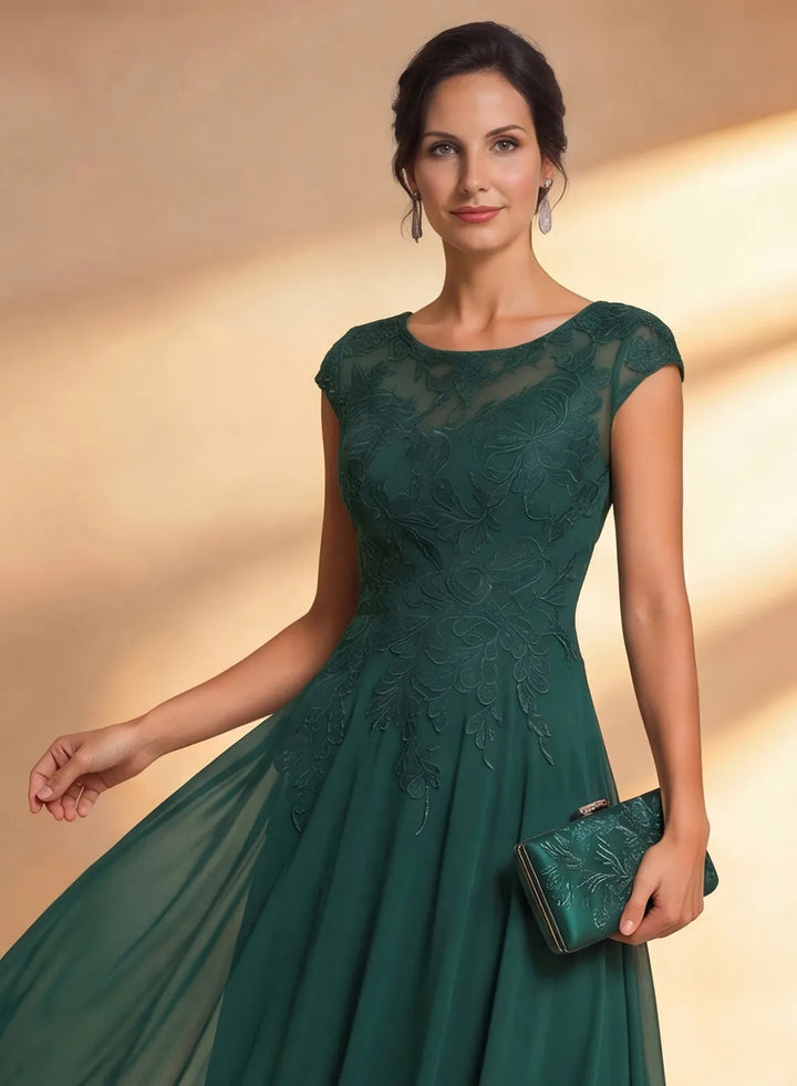 Veloria Elegant Dark Green Lace Chiffon Midi Formal Dress with Illusion Neckline
