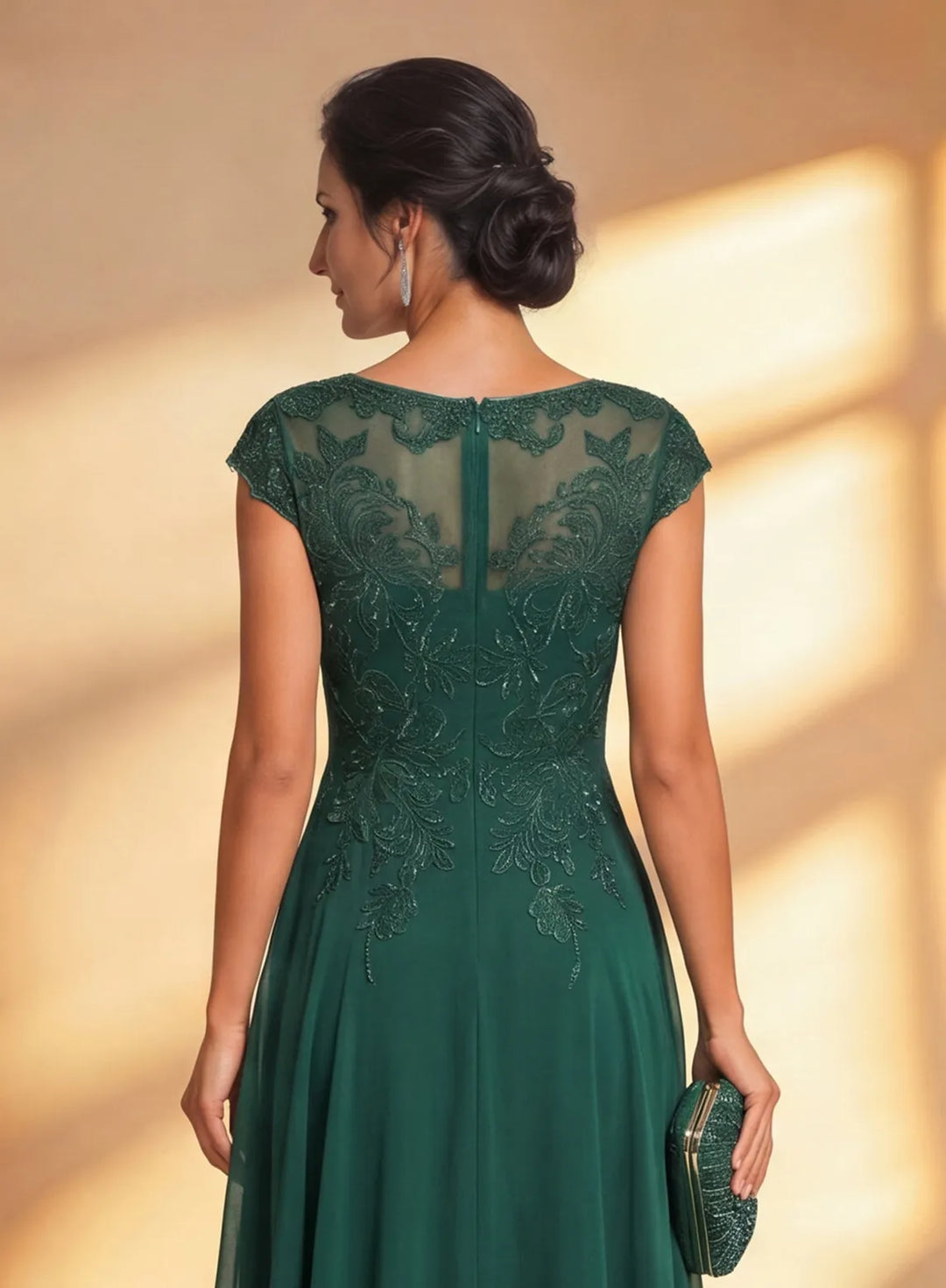 Veloria Elegant Dark Green Lace Chiffon Midi Formal Dress with Illusion Neckline
