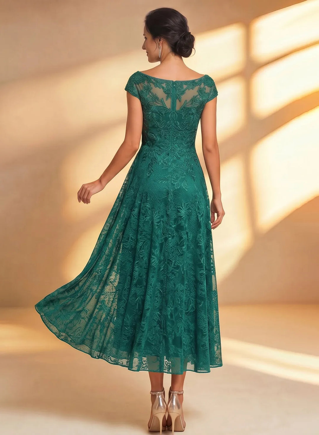 Veloria Dark Green Chiffon Lace Midi Dress with Illusion Neckline