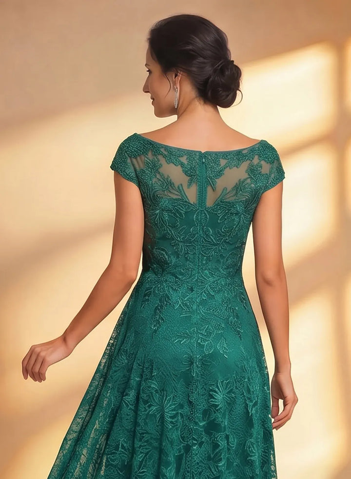 Veloria Dark Green Chiffon Lace Midi Dress with Illusion Neckline