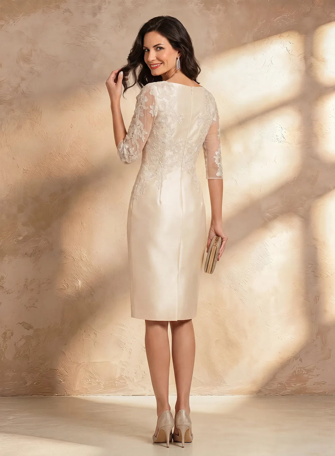 Veloria Champagne Lace Sheath Midi Dress with Illusion Sleeves