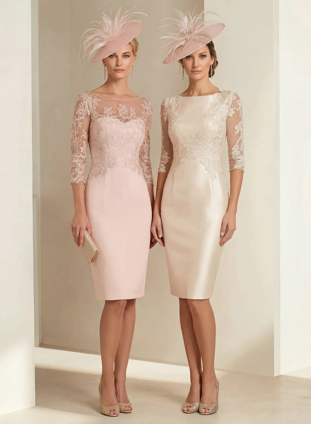 Veloria Champagne Lace Sheath Midi Dress with Illusion Sleeves