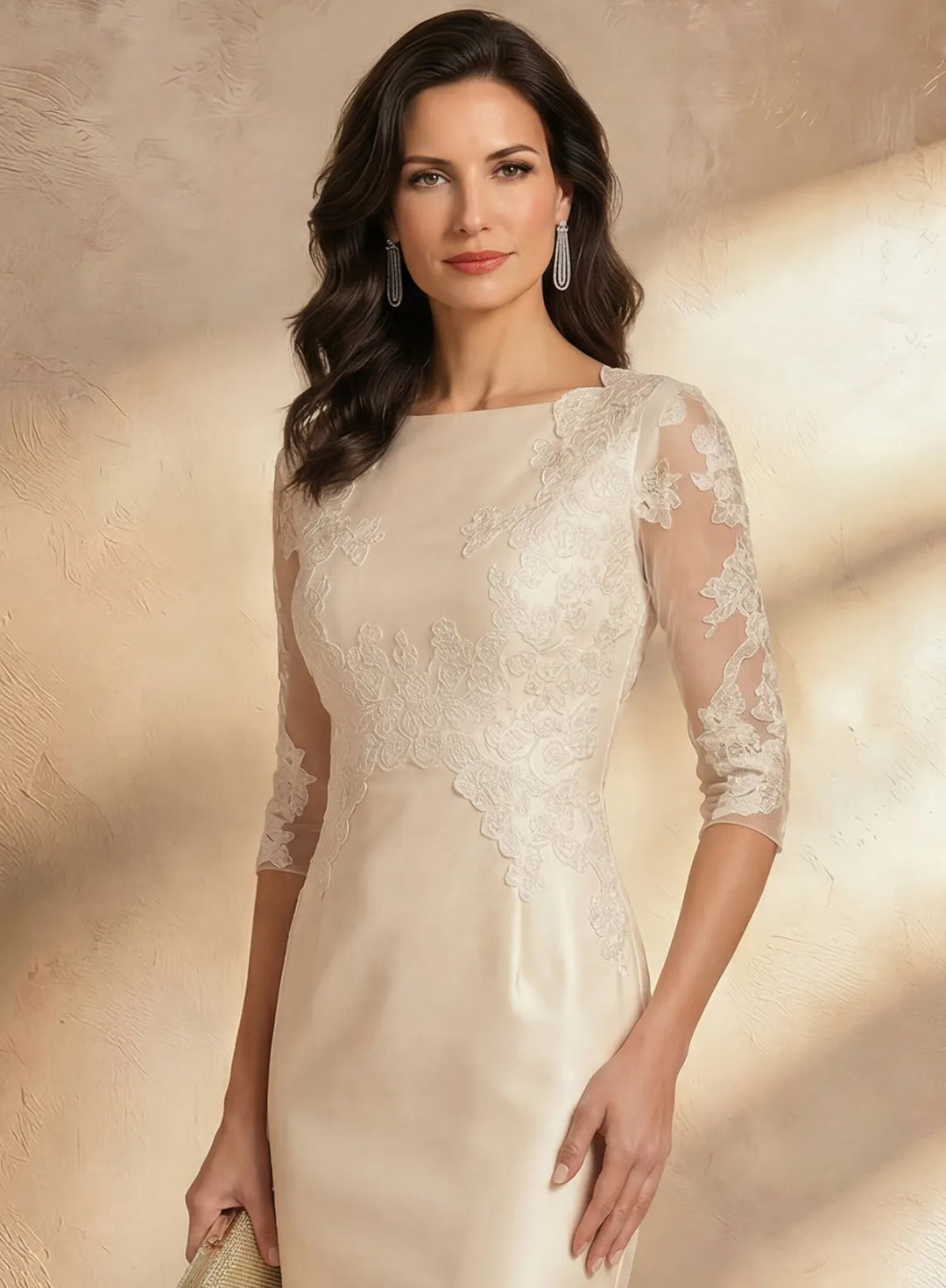 Veloria Champagne Lace Sheath Midi Dress with Illusion Sleeves