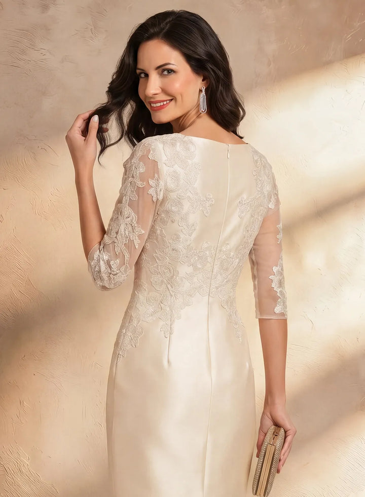 Veloria Champagne Lace Sheath Midi Dress with Illusion Sleeves