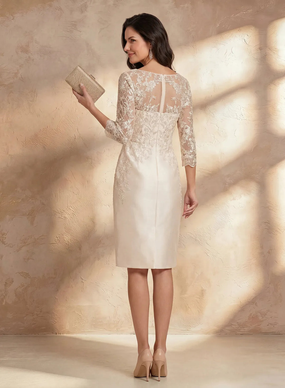 Veloria Apricot Lace Tea Length Sheath Dress Elegant 3/4 Sleeve Formal Dress