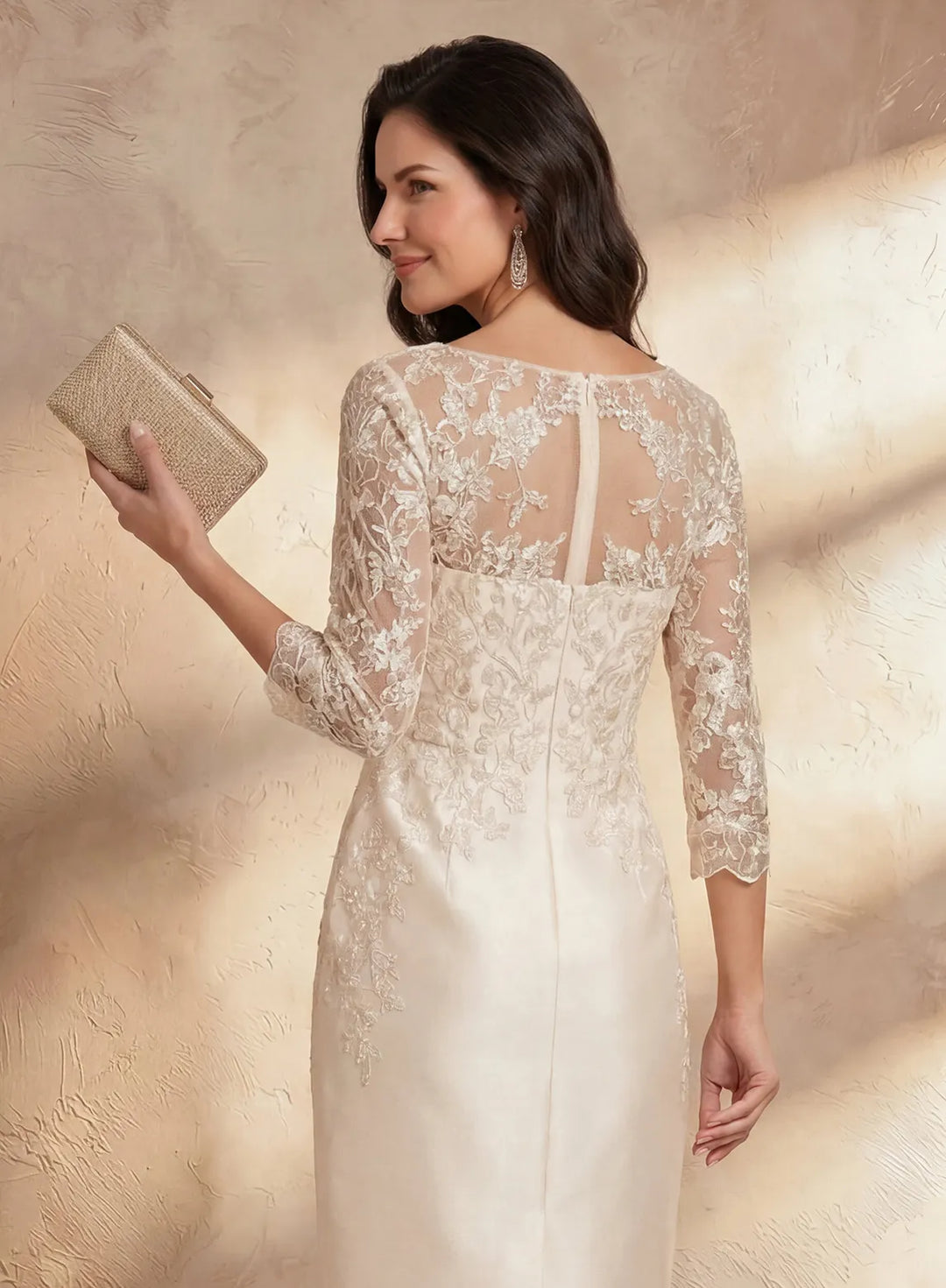Veloria Apricot Lace Tea Length Sheath Dress Elegant 3/4 Sleeve Formal Dress
