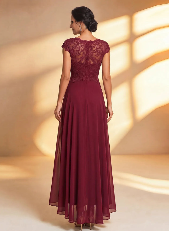 Veloria Burgundy Lace Chiffon High-Low Formal Dress Elegant Wedding Guest &amp; Evening Gown