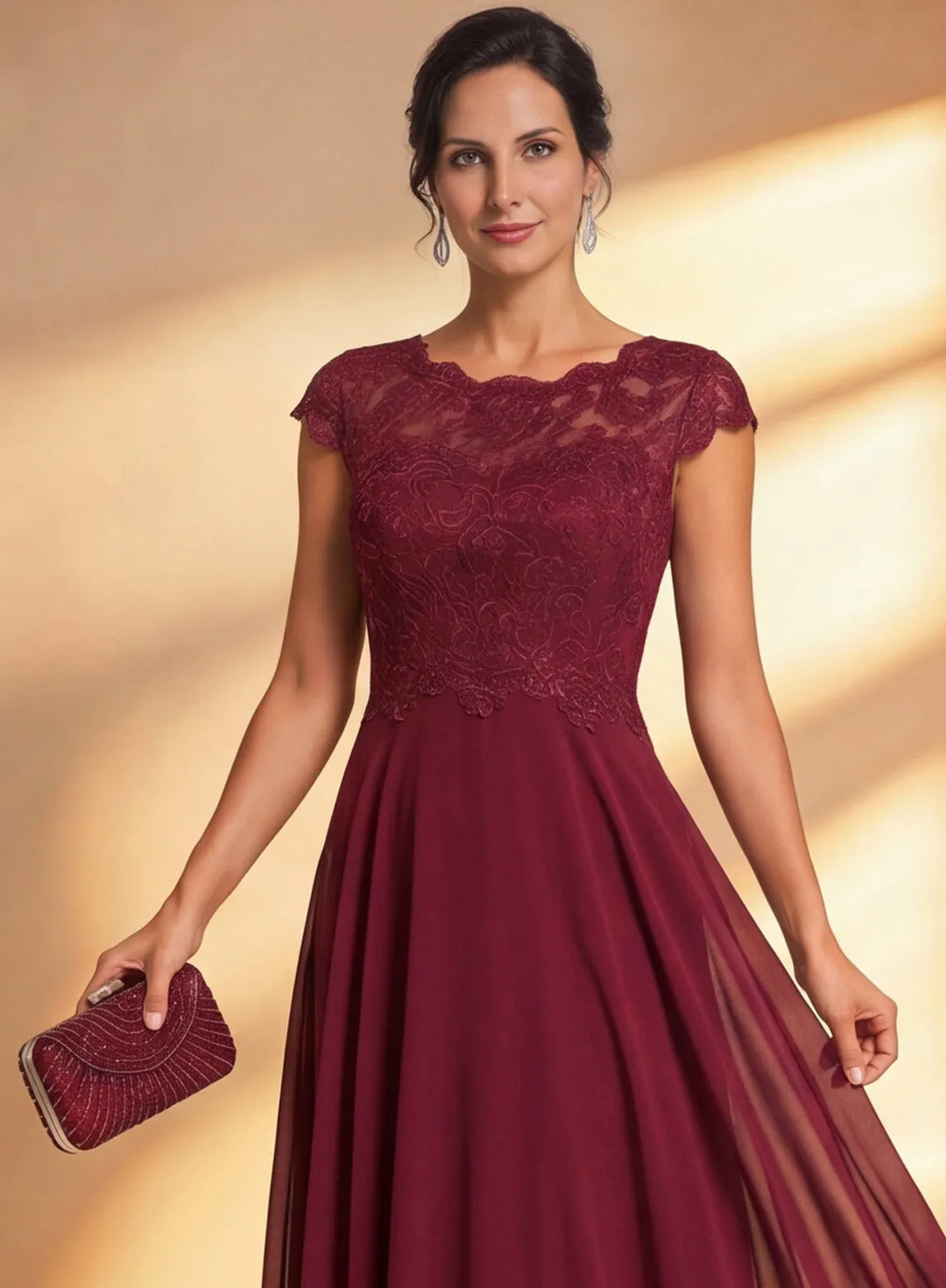 Veloria Burgundy Lace Chiffon High-Low Formal Dress Elegant Wedding Guest &amp; Evening Gown