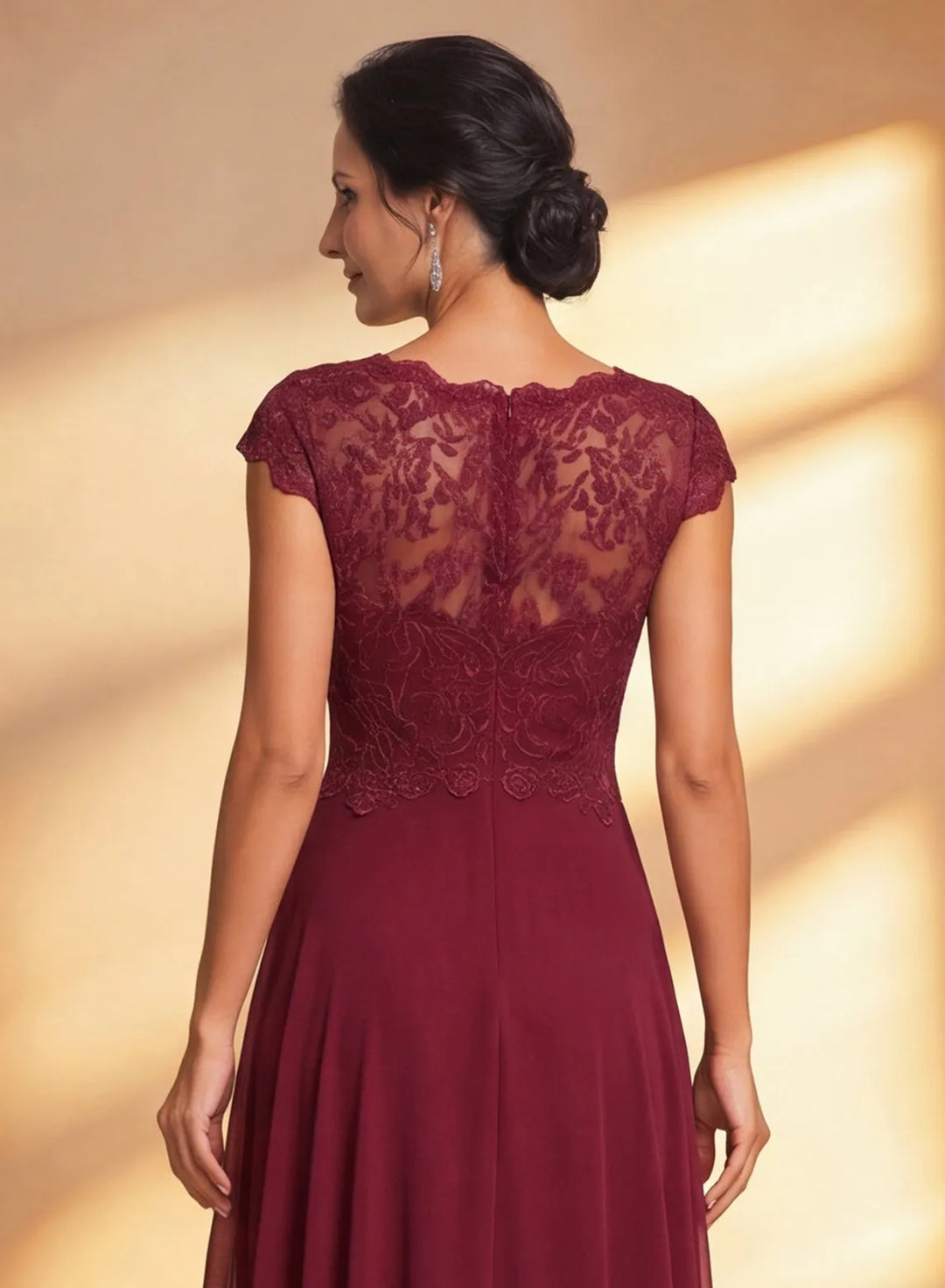 Veloria Burgundy Lace Chiffon High-Low Formal Dress Elegant Wedding Guest &amp; Evening Gown