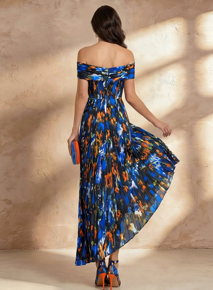 Veloria Royal Blue Printed Chiffon Off-the-Shoulder Pleated Midi Dress