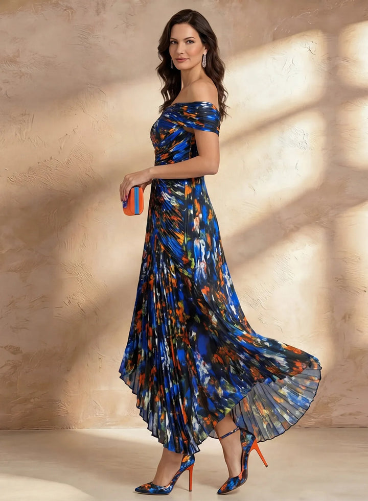 Veloria Royal Blue Printed Chiffon Off-the-Shoulder Pleated Midi Dress